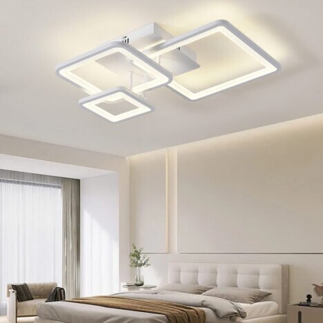 Lustra LED 108W Minimalist 3 Square Alb, LED inclus, 3 surse de iluminare, Telecomanda, Dimabil, Lum