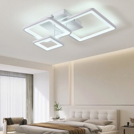 Lustra LED 108W Minimalist 3 Square Alb, LED inclus, 3 surse de iluminare, Telecomanda, Dimabil, Lum