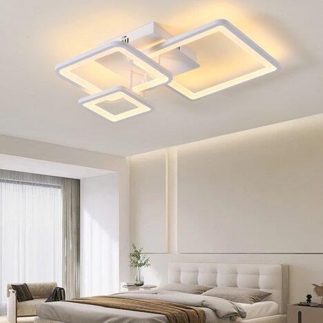 Lustra LED 108W Minimalist 3 Square Alb, LED inclus, 3 surse de iluminare, Telecomanda, Dimabil, Lum